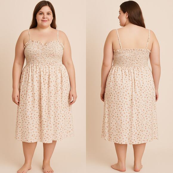 H&M XXL Dress Floral Smocked Midi Pink Peach Print Cotton Detachable Straps - Picture 1 of 6